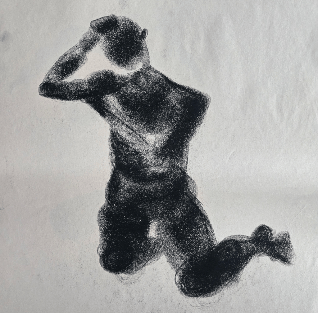 A charcoal drawing of a figure kneeling and holding his head by Wendy Sinclair